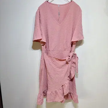 [ M ] 핑크 V넥 티셔츠 원피스 무릎 기장 원피스 폴리에스테르