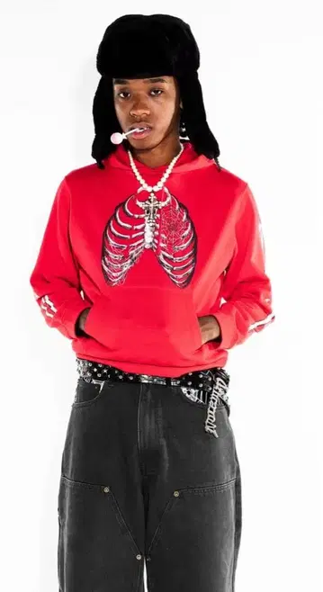 레드 골격 디자인 후드 부착 후드티 NOREMID