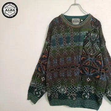 디자인 니트 스웨터 올 패턴 이탈리아제 기하학 패턴 레트로 빈티지 그린