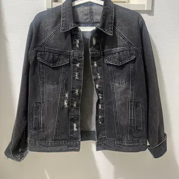데미지 가공 다크 그레이 데님 자켓
