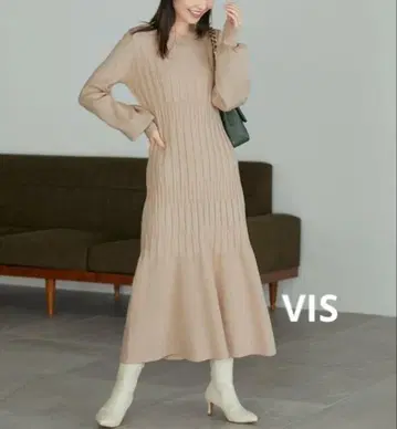 VIS [세탁 가능] 랜덤 리브 머메이드 니트 원피스 베이지