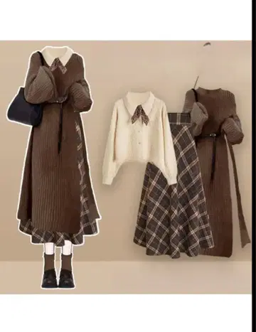브라운 롱 니트 원피스 세트