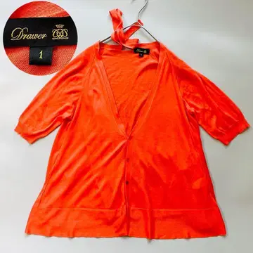 새상품급 드로어 시어 가디건 5부 소매 코튼 오렌지 리본 부착