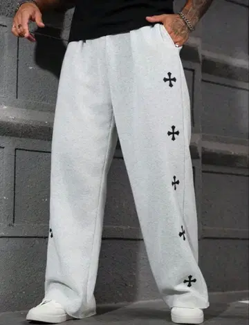 그레이 Y2K 크로스 프린트 스웨트 팬츠