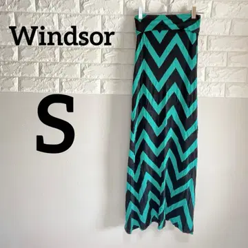 [ Windsor ] S 롱 스커트 터콰이즈/블랙 지그재그 무늬 신축성