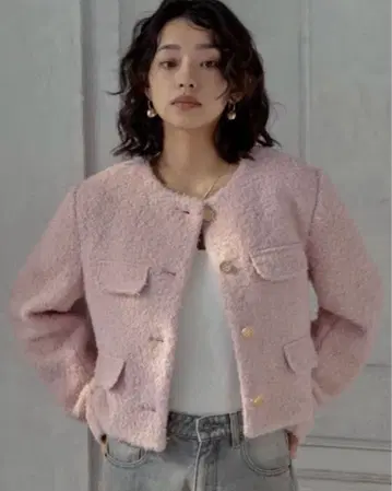 Re:EDIT 보아 리본 금장 버튼 노카라 트위드 자켓 M 사이즈