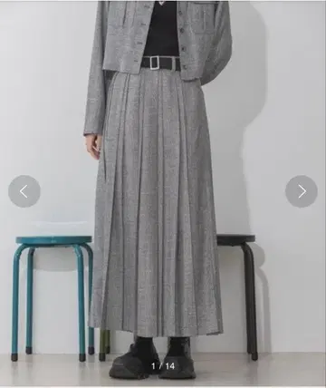 라메 체크 플리츠 롱 스커트