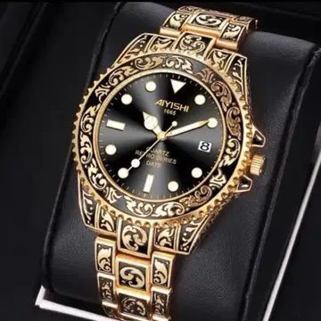 남성용 앤티크 손목시계 올 패턴 쿼츠 골드 x 블랙1