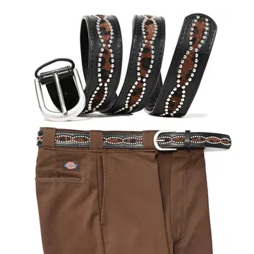 소가죽 블랙 가죽 벨트 소 패턴 & 스터드 장식 웨스턴 디키즈