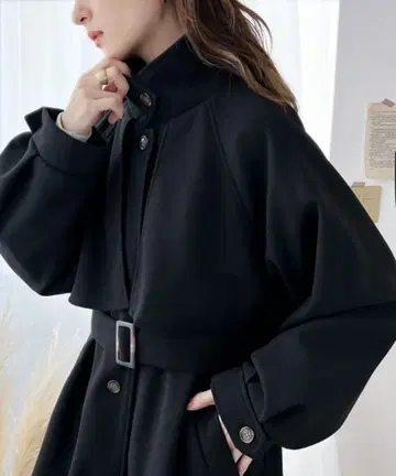 스탠드 카라 볼륨 슬리브 니트 모사 롱 코트