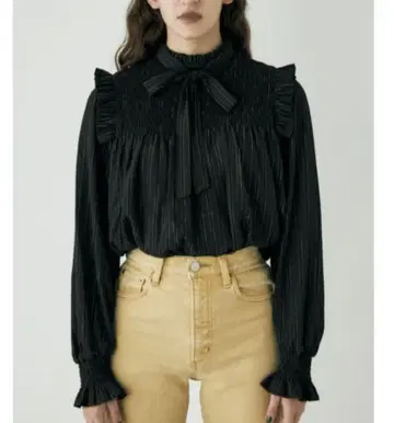 MOUSSY 프릴 장식 리본 타이 블랙 긴팔 블라우스