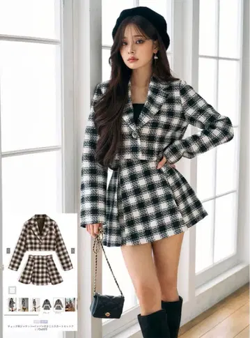 그레일 체크 무늬 자켓 x 인팬츠 포함 미니 스커트 셋업