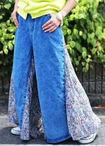 안티카 꽃무늬 데님 절개 와이드 팬츠