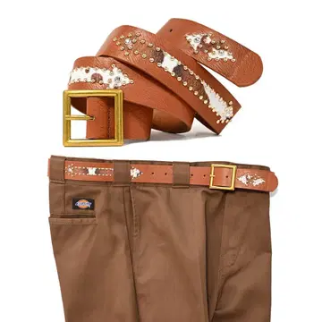 소가죽 카멜 브라운 가죽 벨트 소 패턴 & 스터드 장식 웨스턴 디키즈