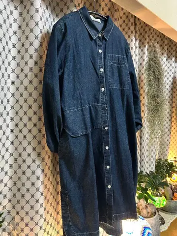 다크 데님 롱 절개 원피스