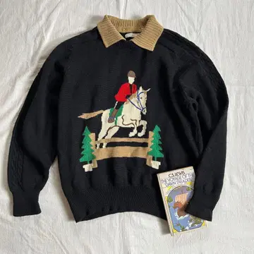 빈티지 자수 니트 스웨터 카라 부착 말 구제 의류 used 개성파 울