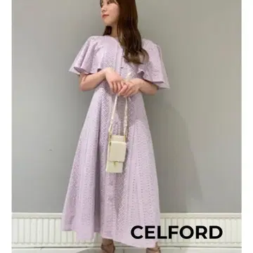 새상품급 CELFORD 코튼 플레어 원피스 S 상당 자수 모티브 퍼플