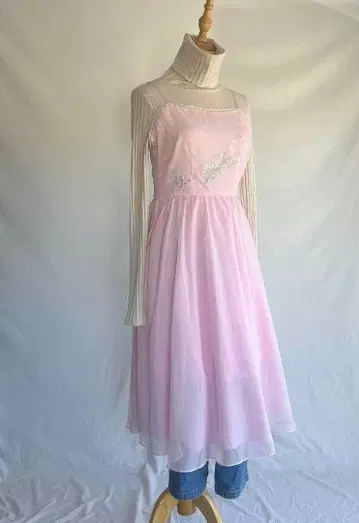 90s 빈티지 핑크 쉬폰 드레스 플라워 자수