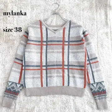 mylanka 체크 무늬 V넥 스웨터 베이지 사이즈 38