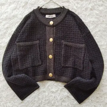 코코딜 골드 버튼 트위드 니트 가디건 크루넥 네이비