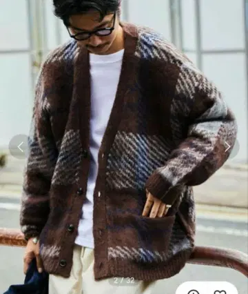 프릭스스토어 빅 실루엣 모헤어 터치 체크 무늬 루즈 가디건 S