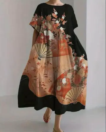 2XL 일본풍 꽃무늬 반팔 롱 원피스 루즈핏