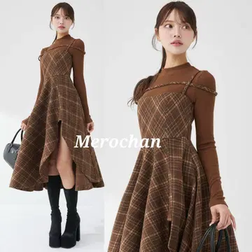 다리치 레이어드 체크 언밸런스 미디 원피스 택 포함 새상품