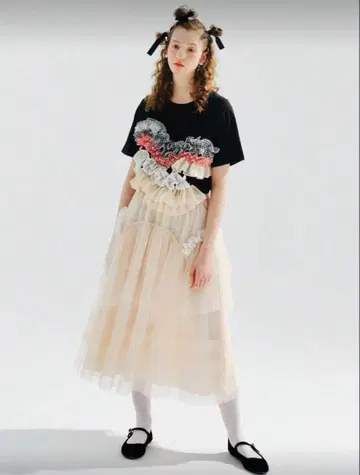 IMAKOKONI 프릴 트림 메쉬 오버레이 스커트 튤