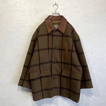 구제 의류 80s 90s 빈티지 가죽 옷깃 체크 무늬 울 자켓 코트