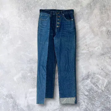 데님 스트레이트 데님 버튼 플라이 절개 바이컬러 기믹