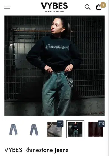 VYBES 큐빅 데님 팬츠 청바지 스팽글 반짝이는 빛나는