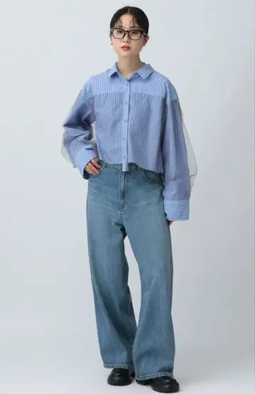 LEPSIM 튤 레이어 스트라이프 셔츠 블루