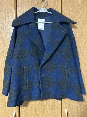 matohu 울 혼방 코트 파랑과 그레이 체크 무늬