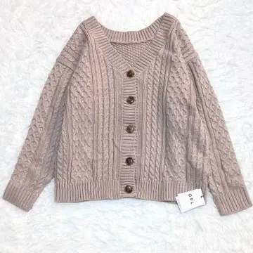 [택 포함] 그레일 케이블 짜임 가디건 로우 게이지 핑크 베이지