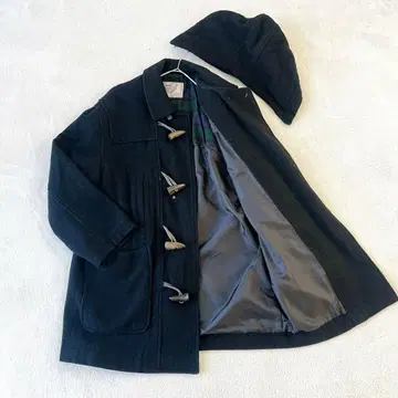 빈티지 더플 코트 후드 부착 체크 레트로 블랙 L