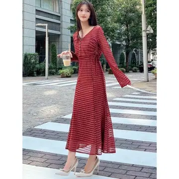 RESEXXY 시어 체크 앙상블 원피스 (레드)