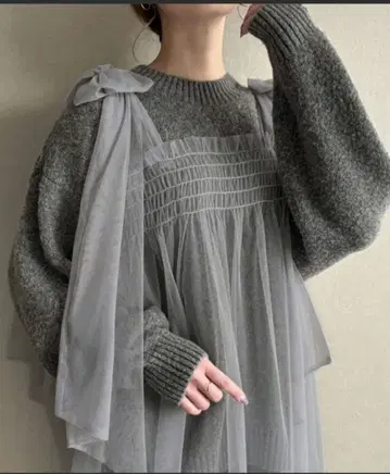 주노아 어깨 리본 튤 도킹 니트 풀오버