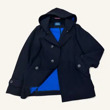 네이비 후드 부착 더블 브레스트 코트 L
