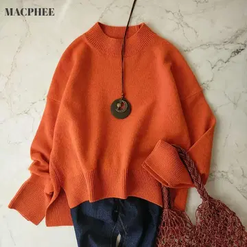 마카페이 오렌지 긴팔 니트 하이넥 모크넥 울 100%