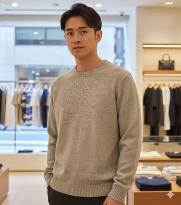 남성용 긴팔 크루넥 스웨터 베이지 캐주얼 사이즈 L