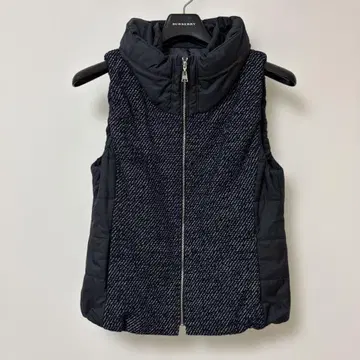 Leilian 이소재 절개 네프 트위드 베스트 충전솜 집업 네이비