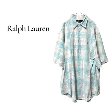 [ 랄프 로렌 ] XL 반팔 셔츠 스카이블루 체크 무늬 빅 면 100%