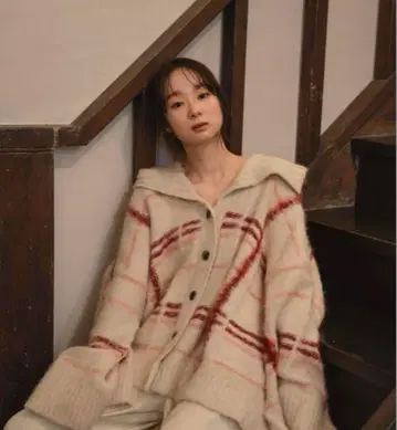 mideal 체크 패턴 가디건 레드