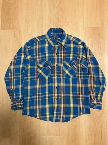 70's 헤비 플란넬 셔츠 파랑 노랑 브라운 체크 무늬
