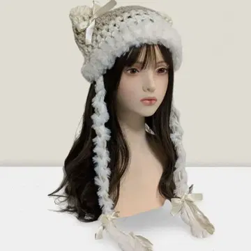 참 포함 핸드메이드 고양이 귀 니트 모자 y2k 그런지 베이지 화이트