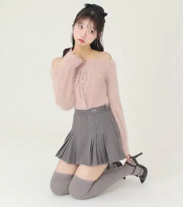 m.me.eme 리본 오프숄더 재킷 니트탑 핑크 프리