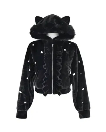 비즈 장식 고양이 귀 복슬복슬 후드티