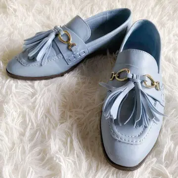 자라 태슬 로퍼 가죽 플랫슈즈 골드 금장 장식 스카이블루 22.5