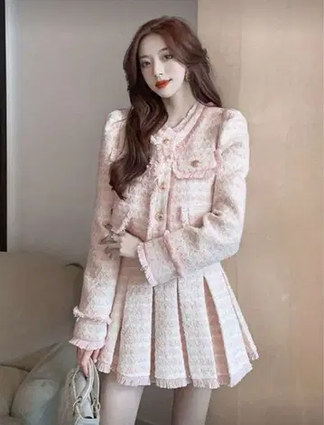 핑크 왕홍 트위드 자켓 셋업