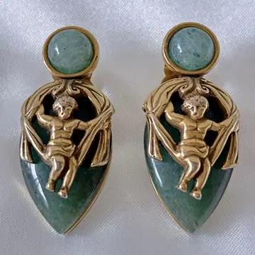 [ 앤티크 ] 천사 모티브 귀찌 빈티지 골드 x 그린